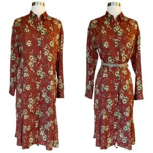 MOUSSY Shirt Dress Button Down Floral Burnt Orange Brown Long Sleeve Midi M EUC